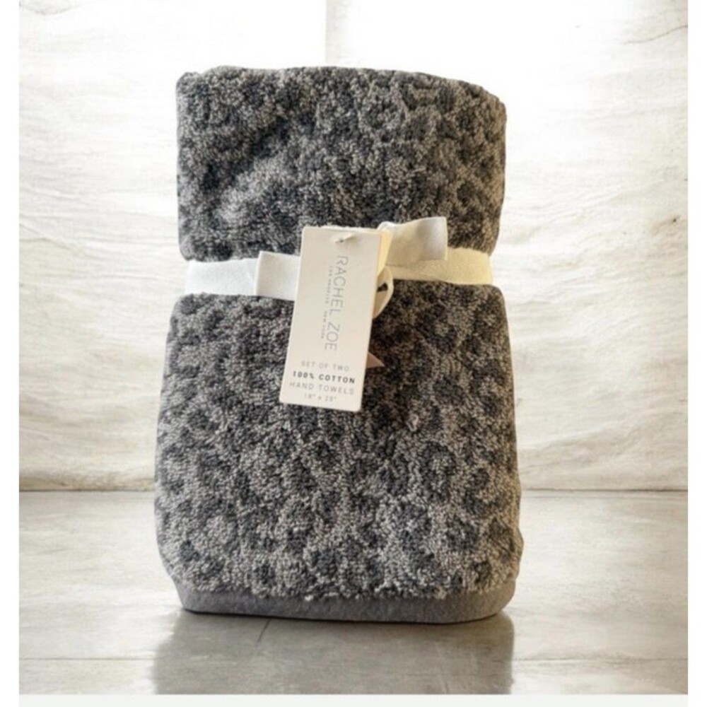 Rachel Zoe Leopard Hand Towels Bathroom Set of 2 Gray 100% Cotton 18x28"